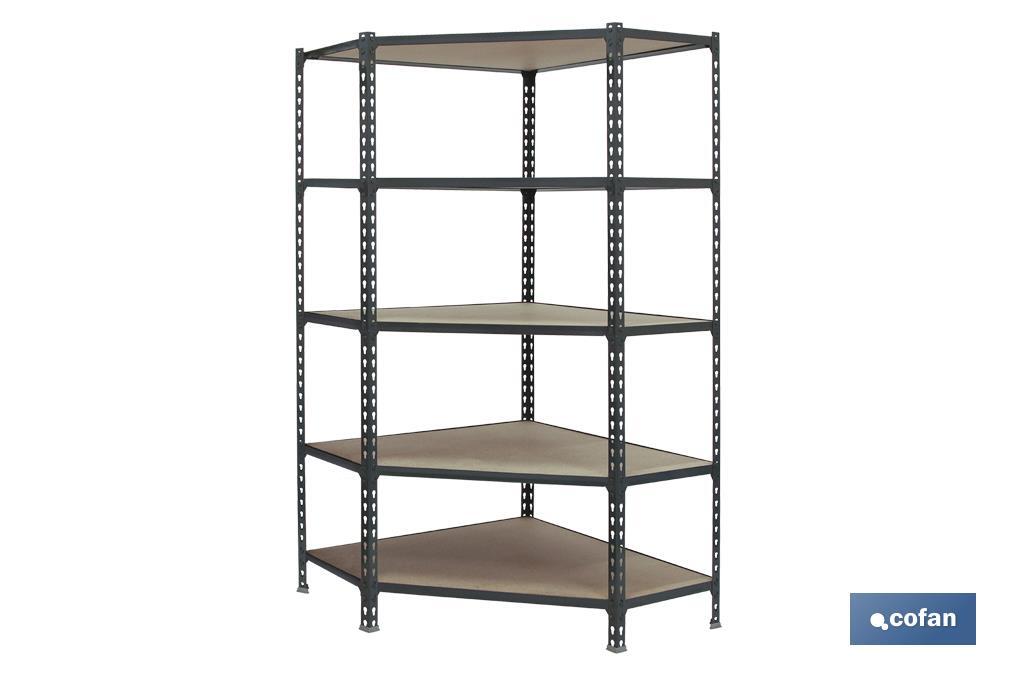 Corner shelving unit | Steel | Anthracite | Available with 5 wooden tiers | Size: 1,800 X 900 X 400MM - Cofan