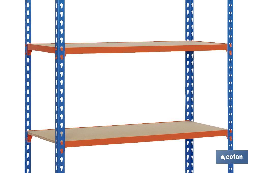 Steel shelving unit | Blue and orange | Available with 5 wooden tiers | Size: 2,000 X 1,000 X 500MM - Cofan