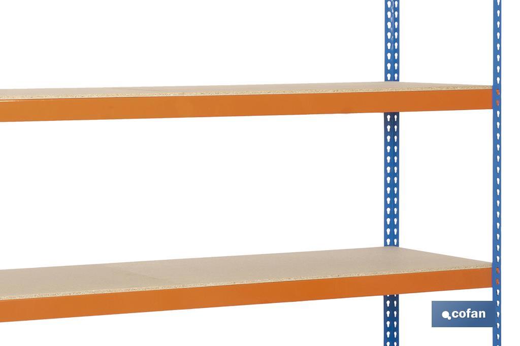 Prateleira de aço de carga media | Cor azul e laranja | Com 4 prateleiras de madeira | Disponível em diferentes medidas - Cofan