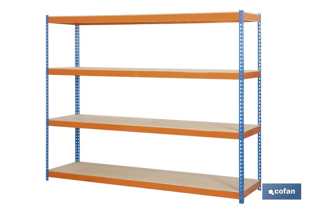 Scaffale in acciaio a mezzo carico | Colore blu e arancione | Con 4 ripiani di legno | Disponibile in varie misure - Cofan