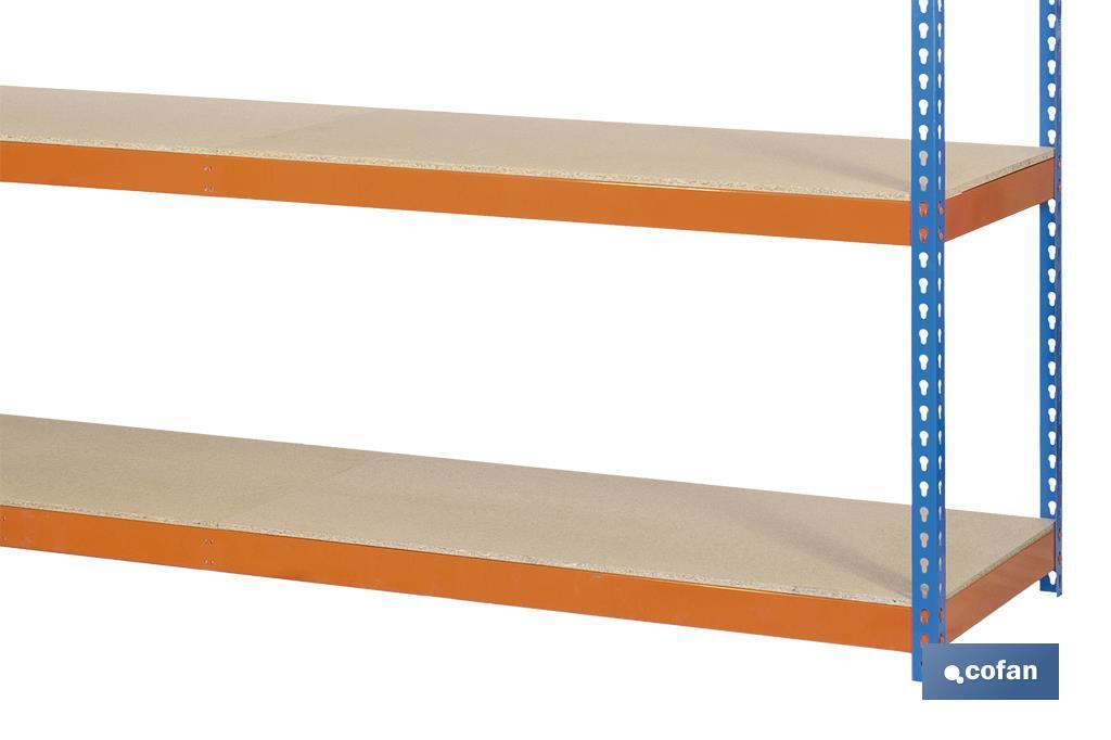 Prateleira de aço de carga media | Cor azul e laranja | Com 4 prateleiras de madeira | Disponível em diferentes medidas - Cofan