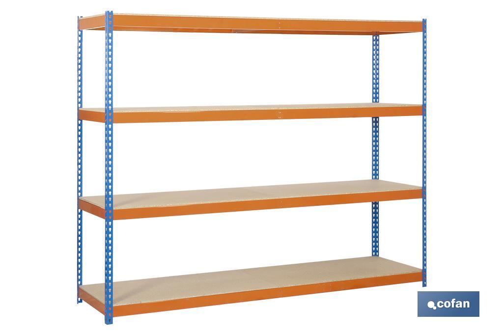 Scaffale in acciaio a mezzo carico | Colore blu e arancione | Con 4 ripiani di legno | Disponibile in varie misure - Cofan