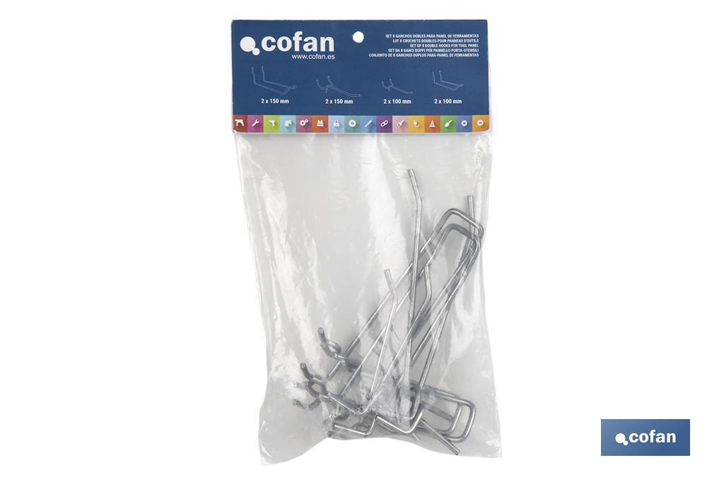 Set of 8 double hooks | Suitable for perforated tool panel | Material: zinc-plated steel - Cofan