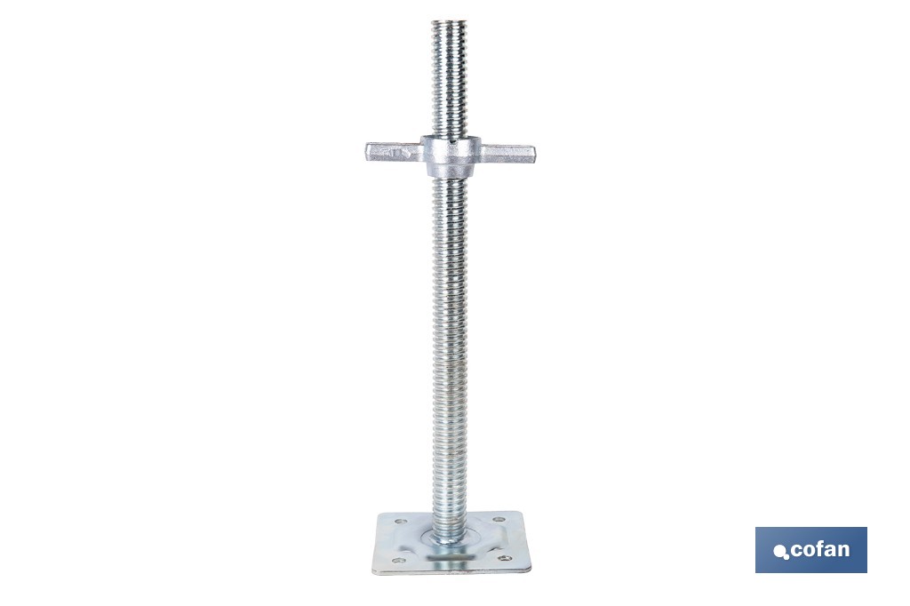 Base niveladora para andamio tubular | Husillo roscado de acero galvanizado 3,4 × 50 cm y placa 15 × 15 cm - Cofan
