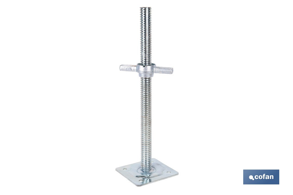 Base niveladora para andamio tubular | Husillo roscado de acero galvanizado 3,4 × 50 cm y placa 15 × 15 cm - Cofan