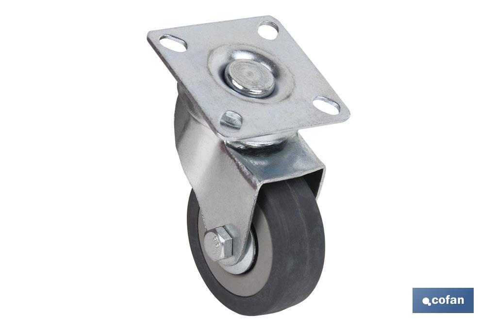 Rueda de goma gris con placa giratoria | Diámetros desde 30 mm hasta 75 mm | Para pesos desde 25 kg hasta 45 kg - Cofan