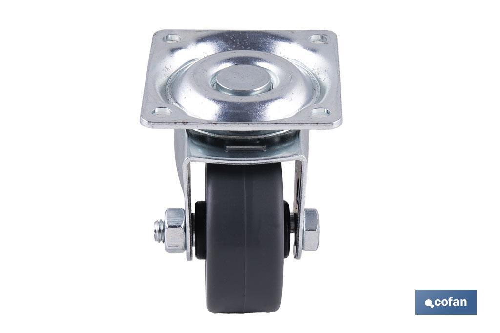 Rueda de goma gris con placa giratoria | Diámetros desde 30 mm hasta 40 mm | Para pesos desde 25 kg hasta 32 kg - Cofan