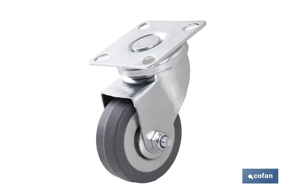 Roulette en caoutchouc gris avec plaque tournante | Diamètres de 30 à 75 mm | Pour des poids de 25 kg jusqu'à 45 kg - Cofan