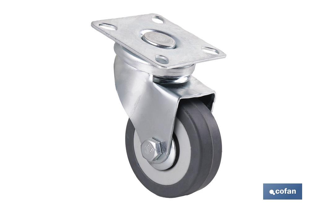 Roulette en caoutchouc gris avec plaque tournante | Diamètres de 30 à 75 mm | Pour des poids de 25 kg jusqu'à 45 kg - Cofan