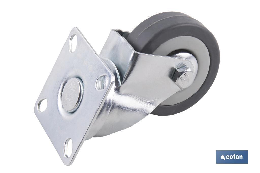 Roulette en caoutchouc gris avec plaque tournante | Diamètres de 30 à 75 mm | Pour des poids de 25 kg jusqu'à 45 kg - Cofan