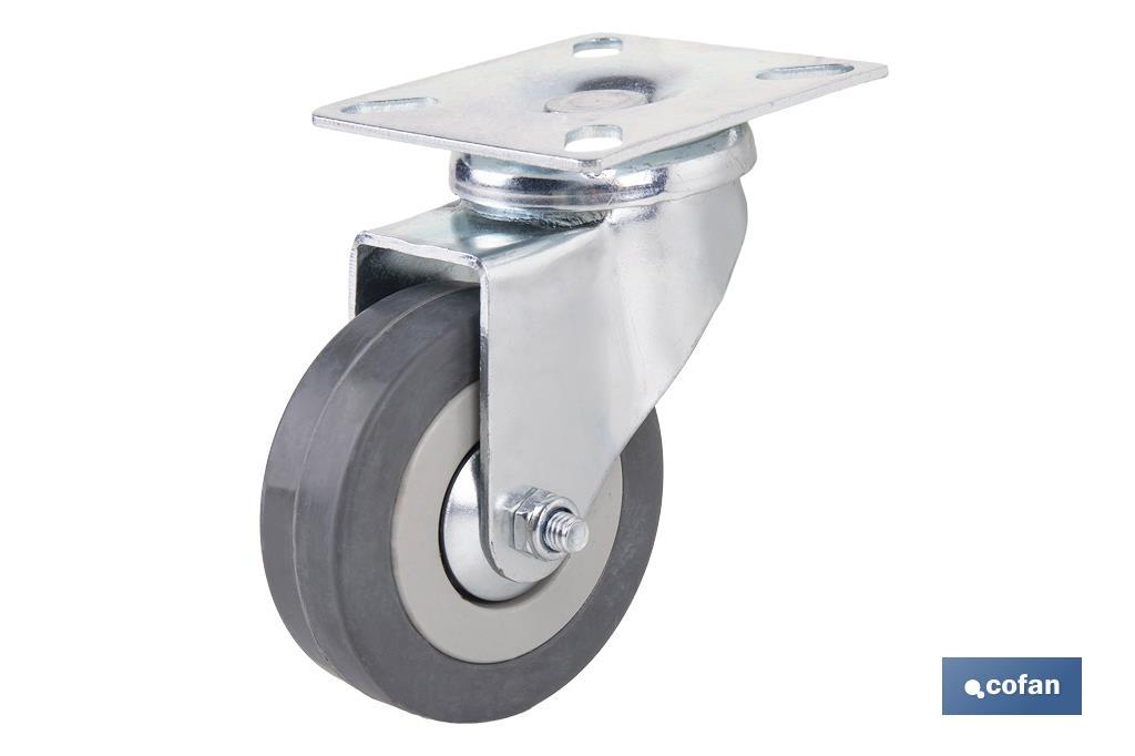 Roulette en caoutchouc gris avec plaque tournante | Diamètres de 30 à 75 mm | Pour des poids de 25 kg jusqu'à 45 kg - Cofan