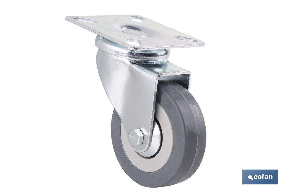 Roulette en caoutchouc gris avec plaque tournante | Diamètres de 30 à 75 mm | Pour des poids de 25 kg jusqu'à 45 kg - Cofan