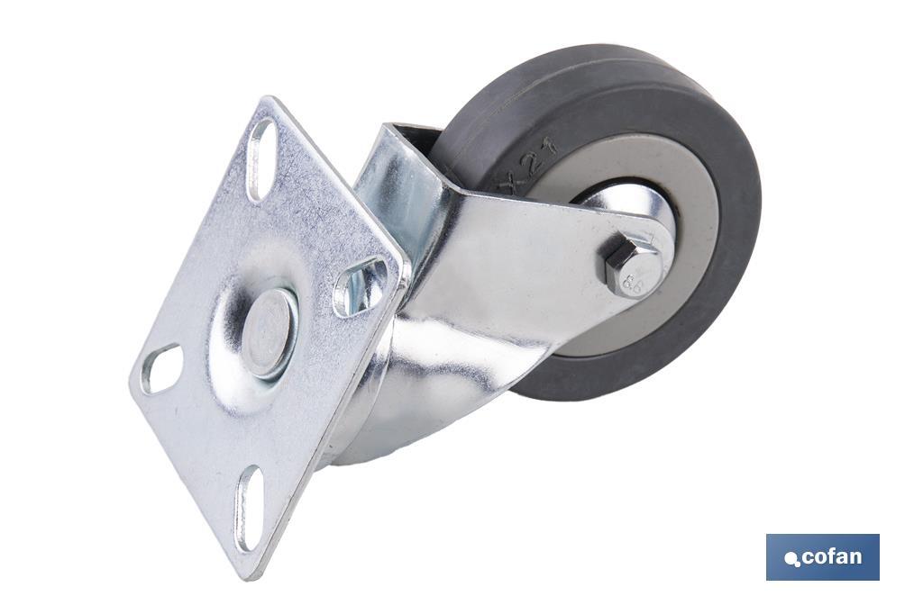 Roulette en caoutchouc gris avec plaque tournante | Diamètres de 30 à 75 mm | Pour des poids de 25 kg jusqu'à 45 kg - Cofan