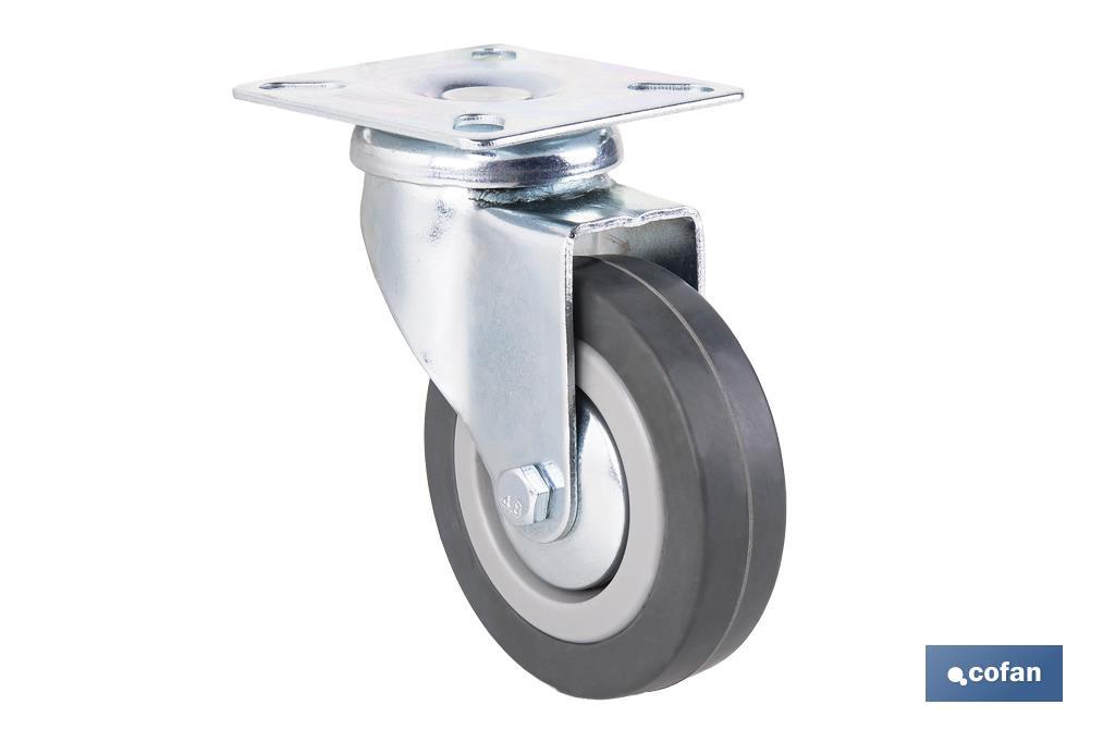 Roulette en caoutchouc gris avec plaque tournante | Diamètres de 30 à 75 mm | Pour des poids de 25 kg jusqu'à 45 kg - Cofan