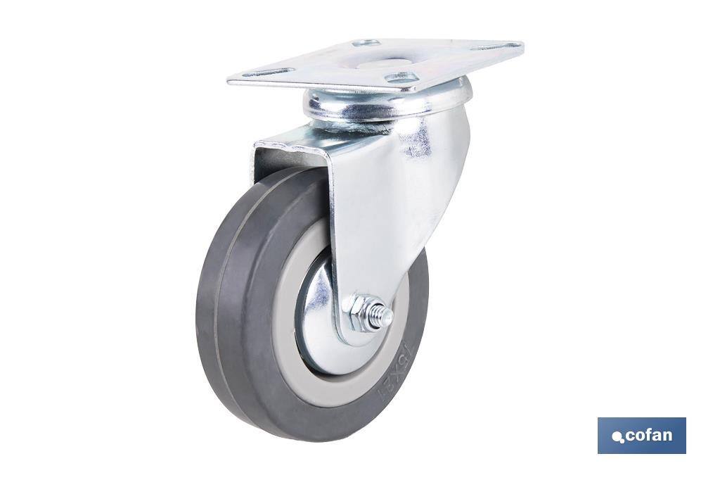 Roulette en caoutchouc gris avec plaque tournante | Diamètres de 30 à 75 mm | Pour des poids de 25 kg jusqu'à 45 kg - Cofan