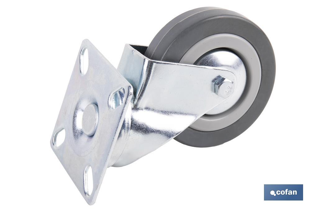Roulette en caoutchouc gris avec plaque tournante | Diamètres de 30 à 75 mm | Pour des poids de 25 kg jusqu'à 45 kg - Cofan