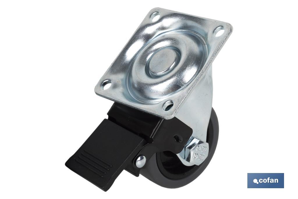 Cofan Roulette en caoutchouc gris avec plaque tournante et frein | Diamètres de 50 à 75 mm | Pour des poids de 36 kg jusqu'à 45 kg - Cofan