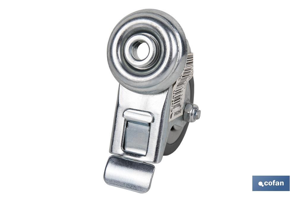 Rueda de goma gris con freno de metal para tornillo pasante | Diámetros desde 50 mm hasta 75 mm | Para pesos desde 36 kg hasta 45 kg - Cofan