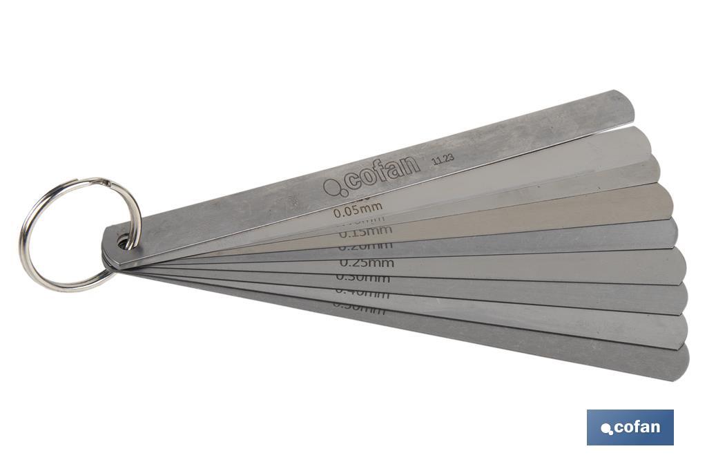 Calibre de folgas com 8 lâminas | Medidor de espessura | Com medidas de espessura de 0,002 mm a 0,020 mm - Cofan