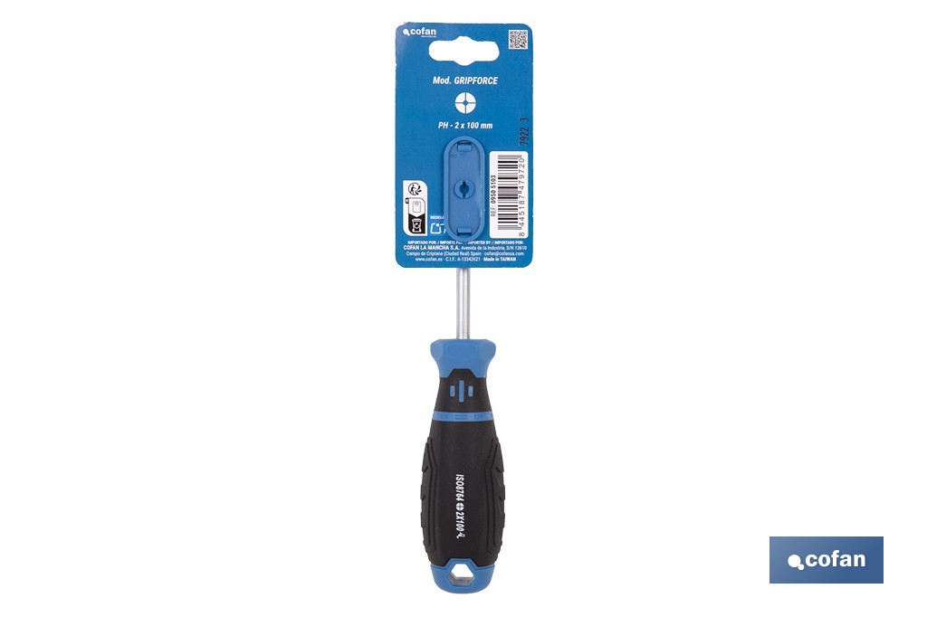 Destornillador Phillips DIN ISO 8764-1 modelo Gripforce | Punta magnética y mango antideslizante | Disponible en diferentes tamaños - Cofan