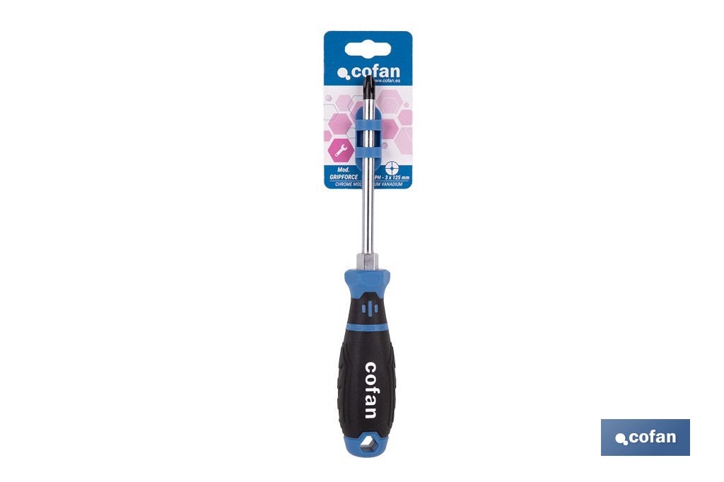 Destornillador Phillips con hexágono DIN ISO 8764-1 modelo Gripforce | Punta magnética y mango antideslizante | Disponible en diferentes tamaños - Cofan