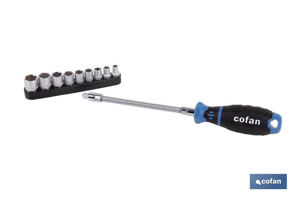 Destornillador flexible con 9 vasos hexagonales Gripforce | Incluye vasos desde SW5 hasta SW13 - Cofan