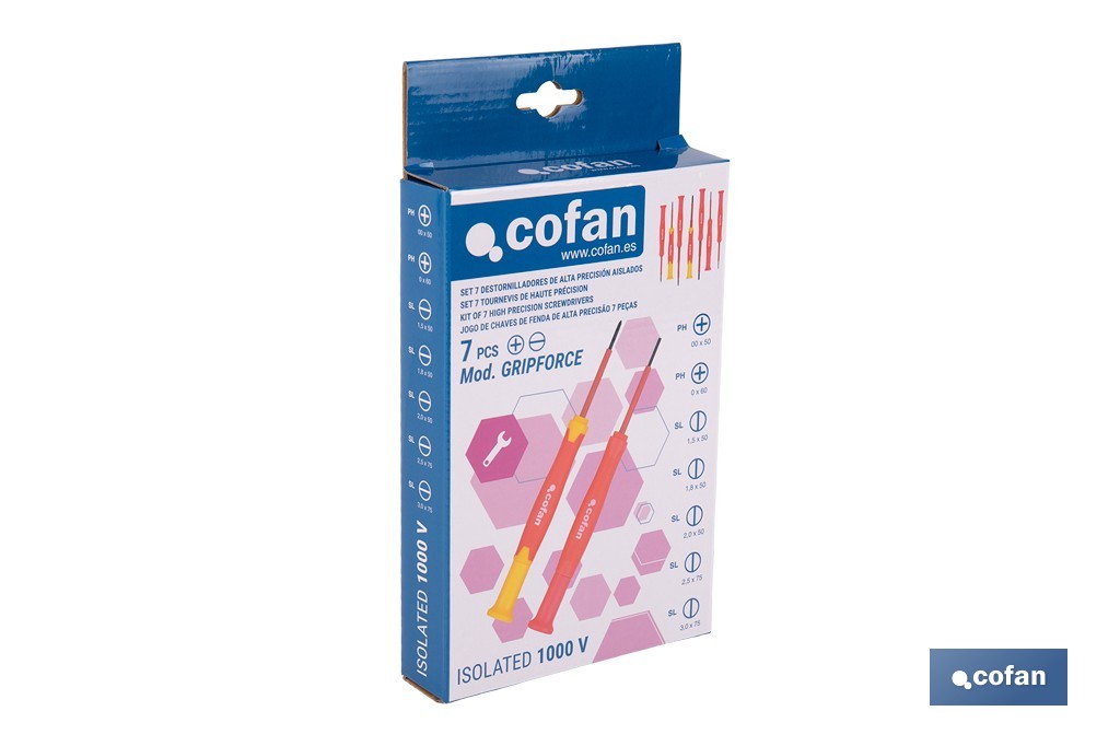 Set de 7 destornilladores aislados modelo Gripforce | Incluye punta Phillips y punta plana | Mango antideslizante - Cofan