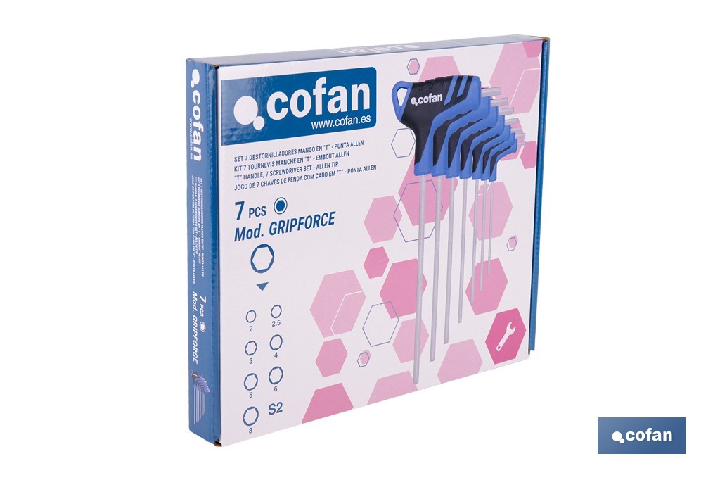 Set de 7 destornilladores hexagonales modelo Gripforce | Mango en T y doble punta | Puntas desde H2 hasta H8 - Cofan