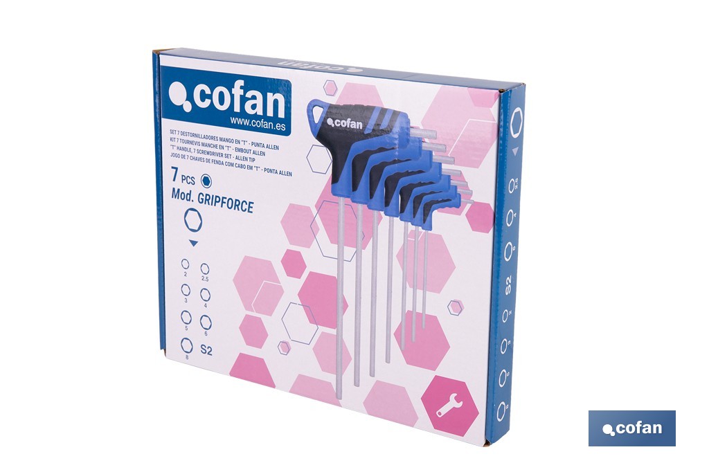 Set de 7 destornilladores hexagonales modelo Gripforce | Mango en T y doble punta | Puntas desde H2 hasta H8 - Cofan
