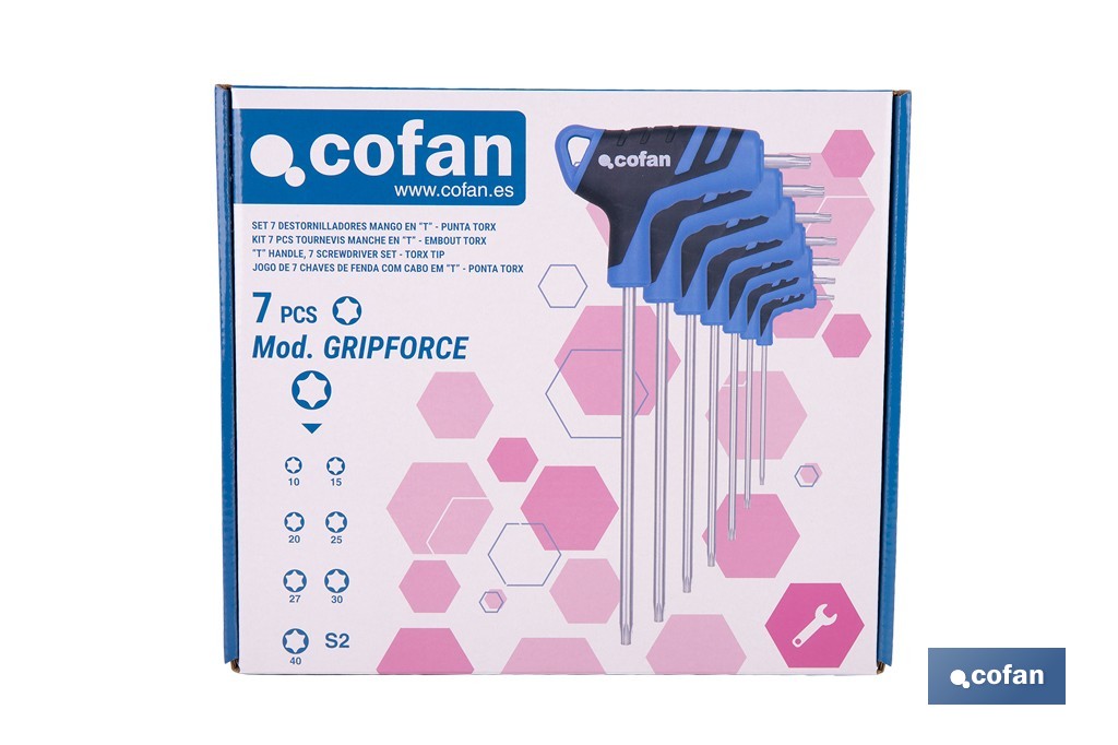 Set de 7 destornilladores Torx modelo Gripforce | Mango en T y doble punta | Puntas desde T10 hasta T40 - Cofan
