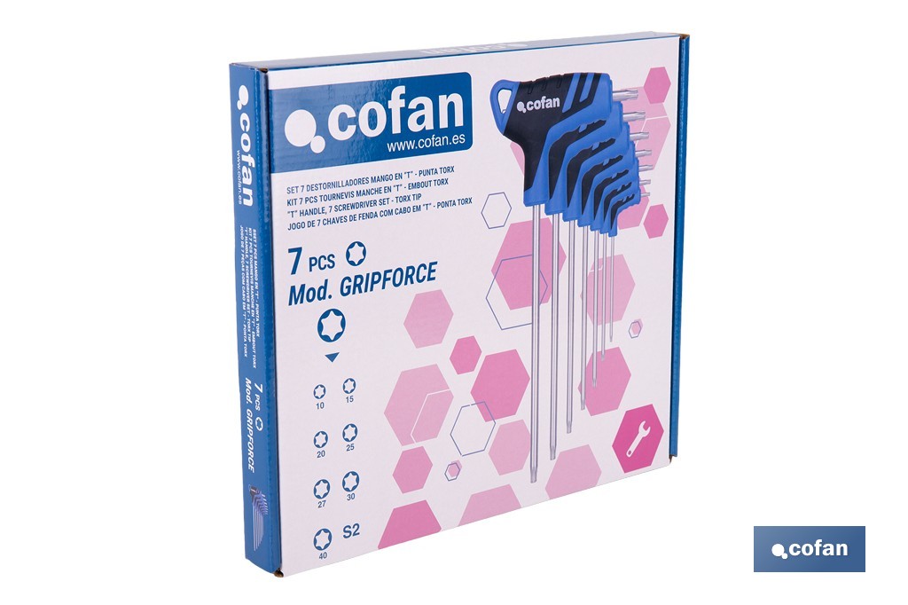 Set de 7 destornilladores Torx modelo Gripforce | Mango en T y doble punta | Puntas desde T10 hasta T40 - Cofan