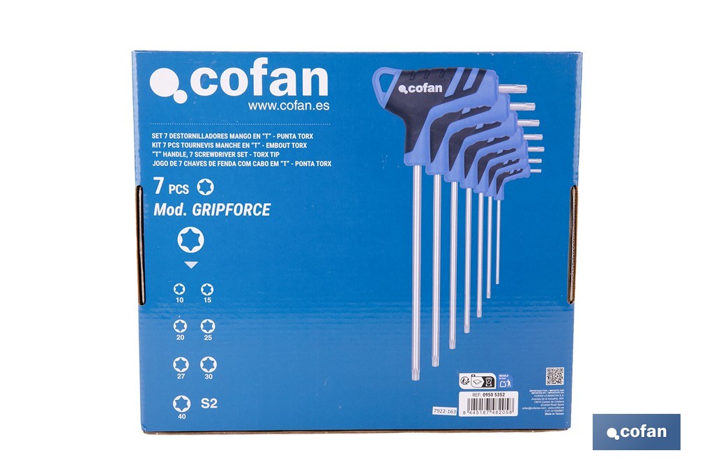 Set de 7 destornilladores Torx modelo Gripforce | Mango en T y doble punta | Puntas desde T10 hasta T40 - Cofan