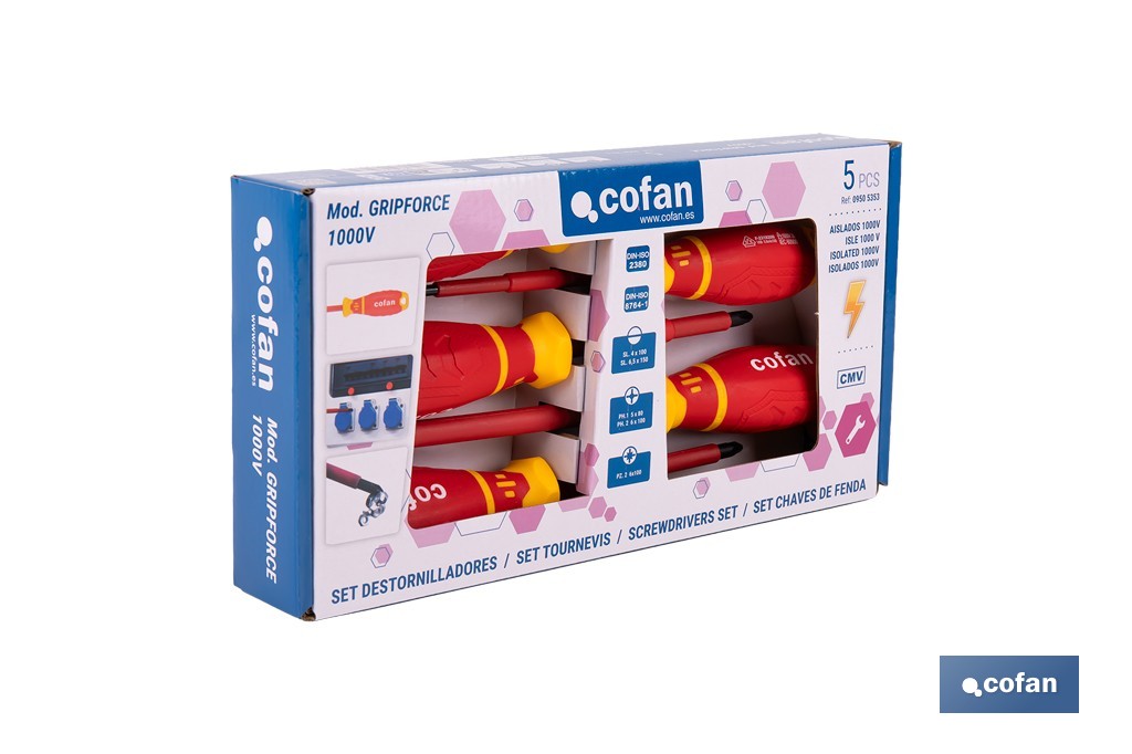 Set de 5 destornilladores aislados modelo Gripforce | Incluye punta plana, Phillips y Pozidriv| De conformidad con IEC 60900 y GS - Cofan
