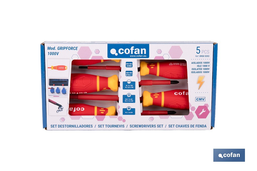 Set de 5 destornilladores aislados modelo Gripforce | Incluye punta plana, Phillips y Pozidriv| De conformidad con IEC 60900 y GS - Cofan