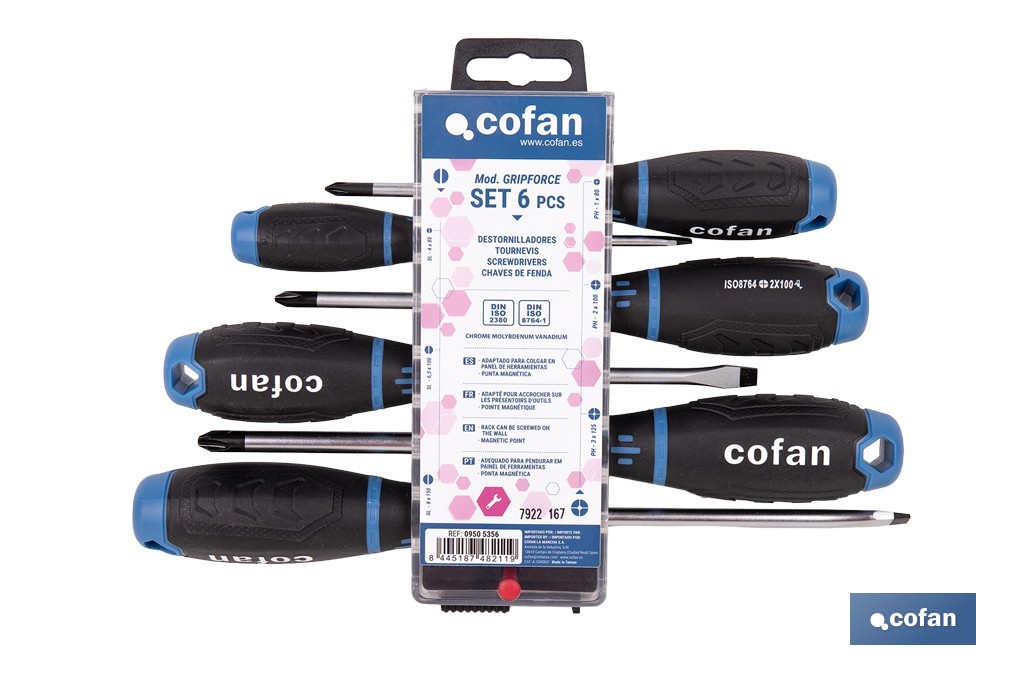 Display de 3 destornilladores planos + 3 destornilladores Phillips modelo GripForce - Cofan