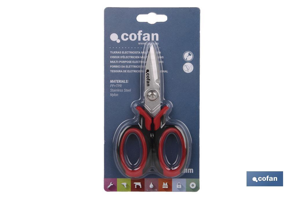 Tijeras de electricista profesional | Con longitud 150 mm  | Con hueco especial para pelar y cortar cable - Cofan