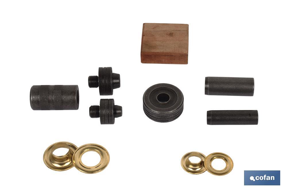 Kit completo de ojetes y ollaos | Diámetros de 10 y 12 mm | Apto para montajes - Cofan