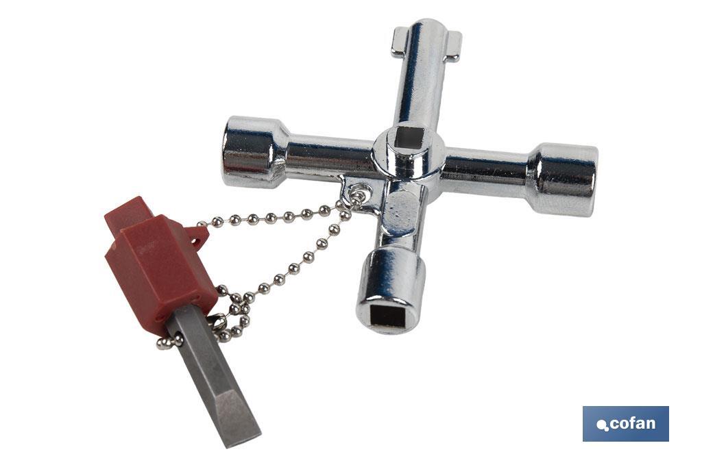 Llave de cabina multifuncional | Aleación de zinc cromada | 7 perfiles | Longitud: 7,5 cm - Cofan