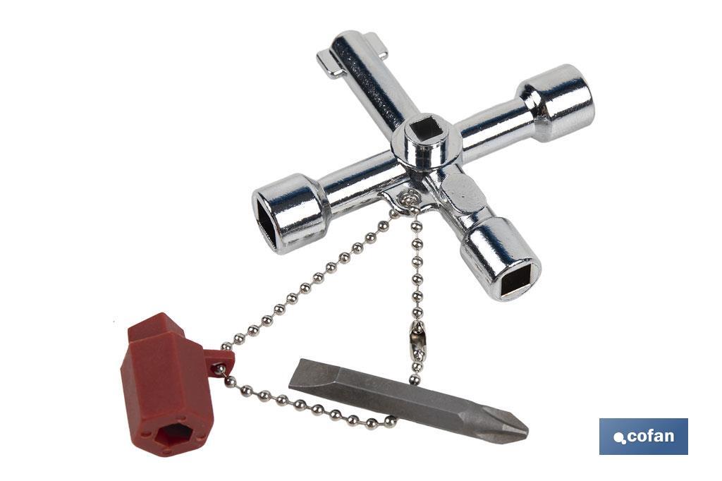Llave de cabina multifuncional | Aleación de zinc cromada | 7 perfiles | Longitud: 7,5 cm - Cofan