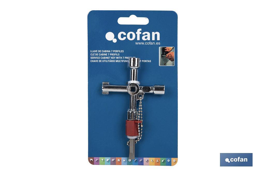 Llave de cabina multifuncional | Aleación de zinc cromada | 7 perfiles | Longitud: 7,5 cm - Cofan