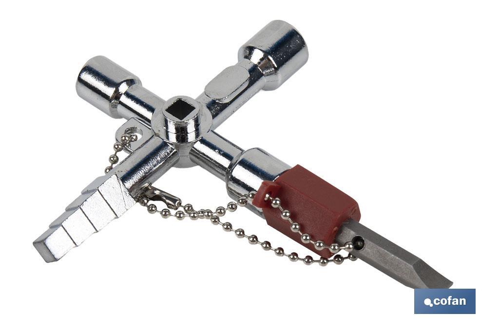 Llave de cabina multifuncional | Aleación de zinc cromada | Ideal para electrotécnica, fontanería | 10 perfiles | Longitud: 8,5 cm - Cofan