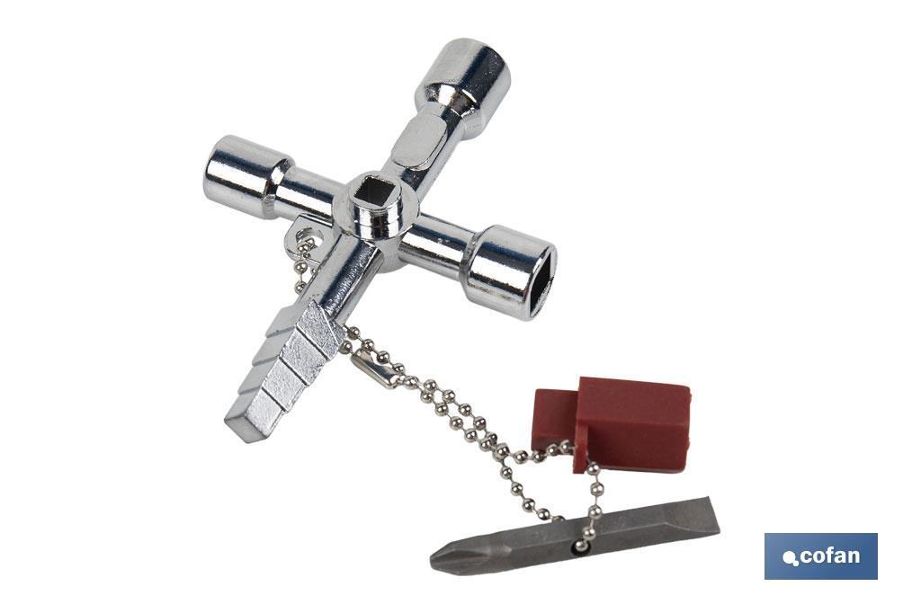 Llave de cabina multifuncional | Aleación de zinc cromada | Ideal para electrotécnica, fontanería | 10 perfiles | Longitud: 8,5 cm - Cofan