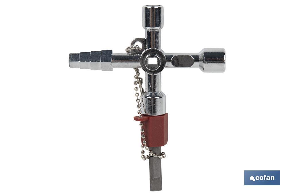 Llave de cabina multifuncional | Aleación de zinc cromada | Ideal para electrotécnica, fontanería | 10 perfiles | Longitud: 8,5 cm - Cofan