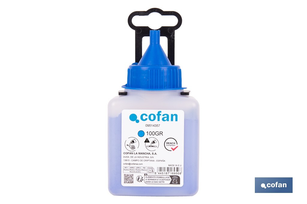 Flacon de poudre bleue de traçage | Pour cordeau | Capacité : 100, 250, 500 ou 1000 - Cofan