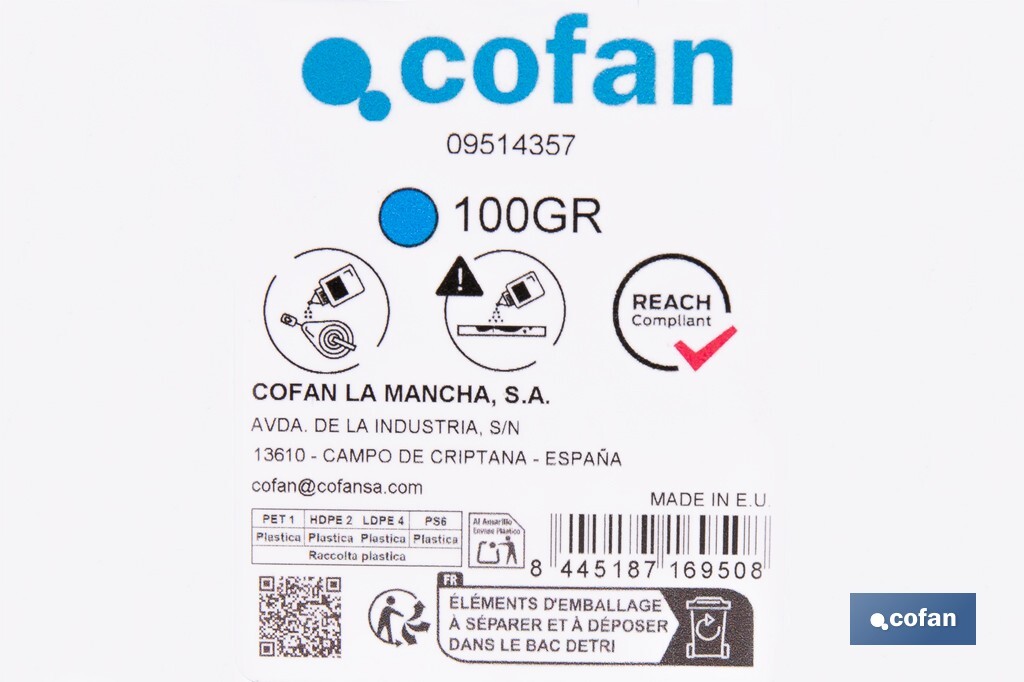 Flacon de poudre bleue de traçage | Pour cordeau | Capacité : 100, 250, 500 ou 1000 - Cofan