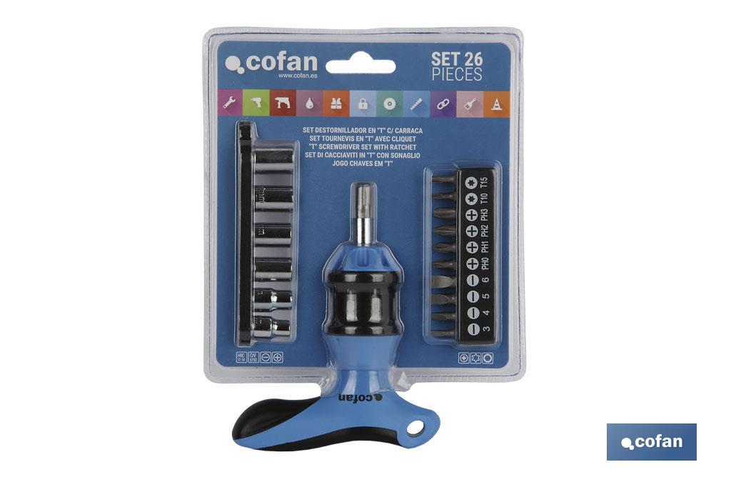 Set de destornillador en "T" |Mango T con carraca | 26 piezas de accesorios puntas y vasos - Cofan