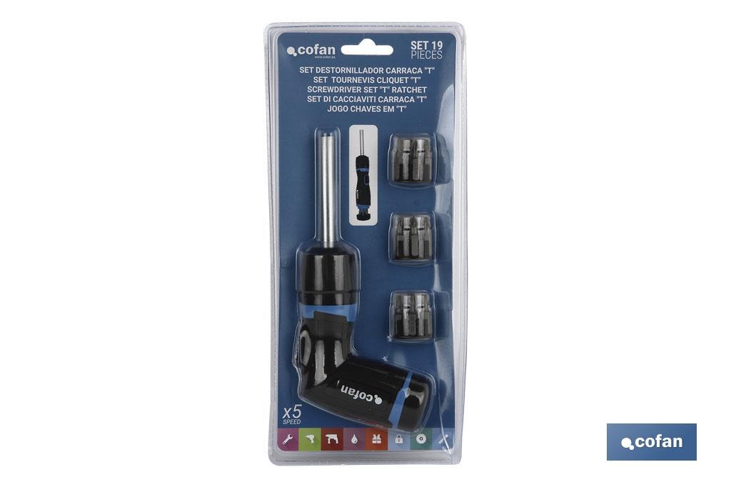 Set destornillador carraca en "T" | Contenido de 19 pcs | Modelo converter de 5:1 velocidad - Cofan