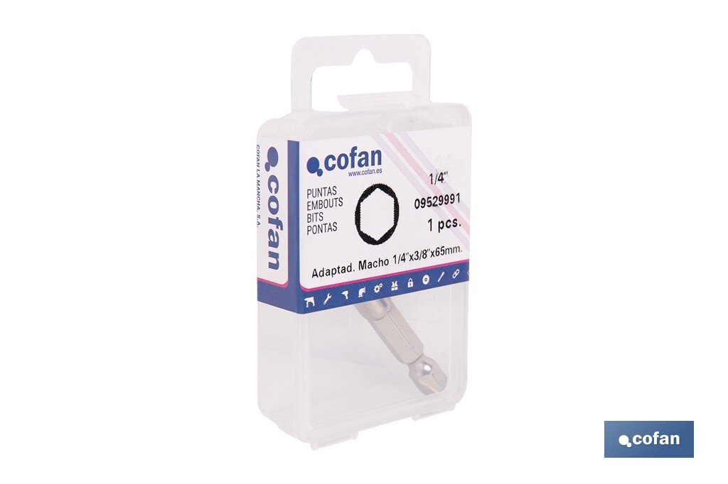 Adaptador de portavasos 3/8" para vasos de 1/4" | Longitud: 65 mm | Fabricado en acero cromo vanadio - Cofan