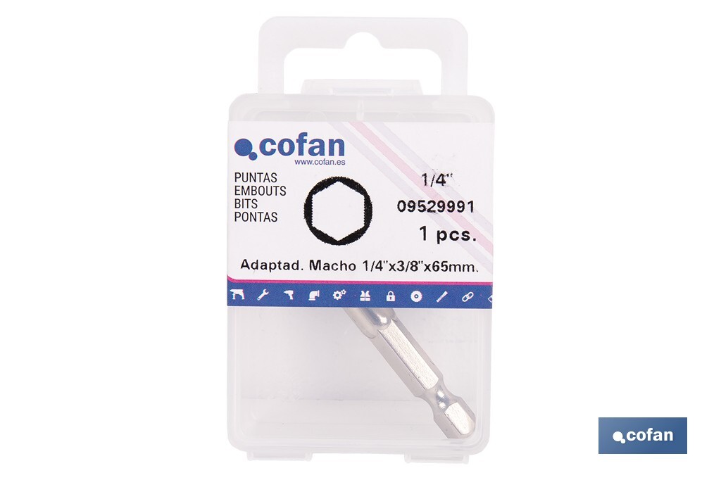 Adaptador de portavasos 3/8" para vasos de 1/4" | Longitud: 65 mm | Fabricado en acero cromo vanadio - Cofan