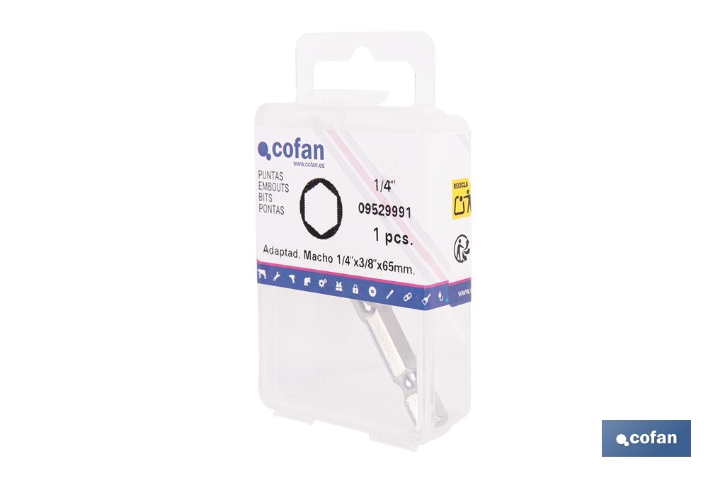 Adaptador de portavasos 3/8" para vasos de 1/4" | Longitud: 65 mm | Fabricado en acero cromo vanadio - Cofan